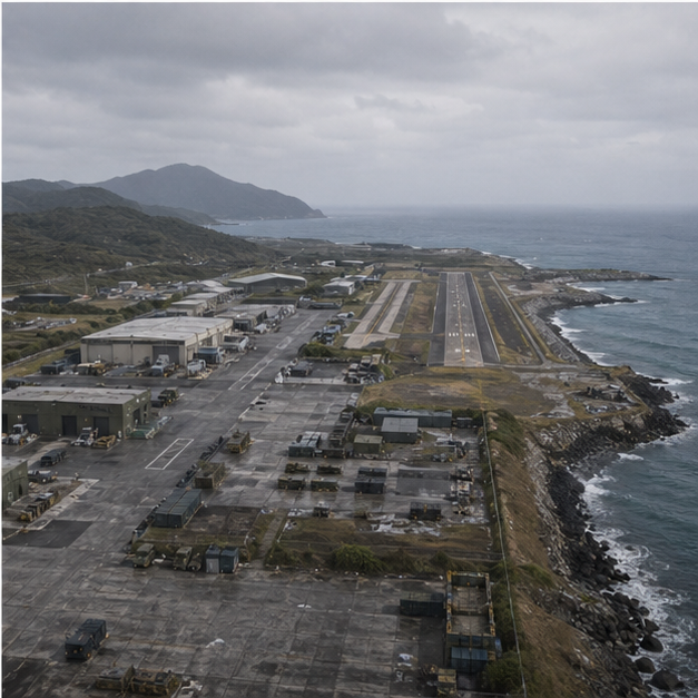 Island airfield or coastal logistics installation under gray sky