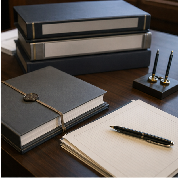 Diplomatic document desk with sealed binders and blank notes
