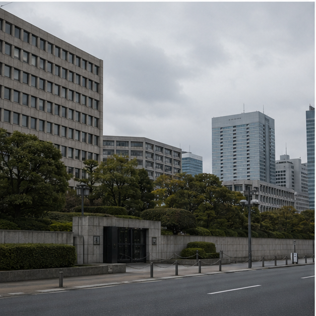 Calm urban government district exterior in overcast light