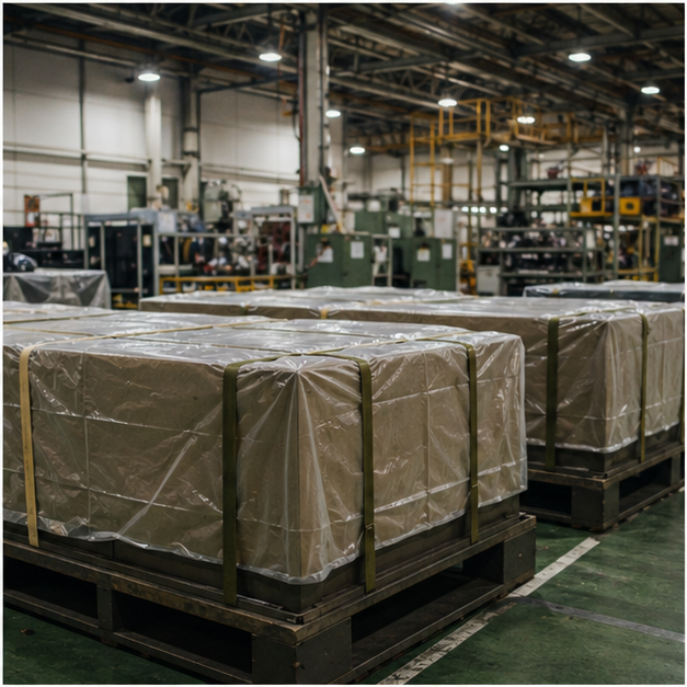 Defense industry assembly floor with covered equipment crates