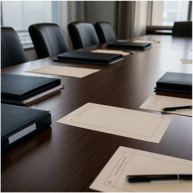 Policy conference table with blank review folders