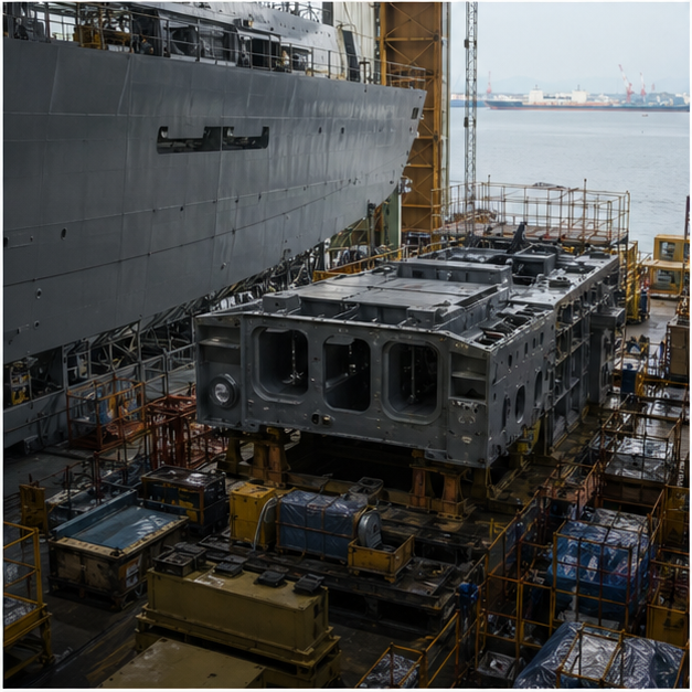 Hangar with non-branded industrial defense components