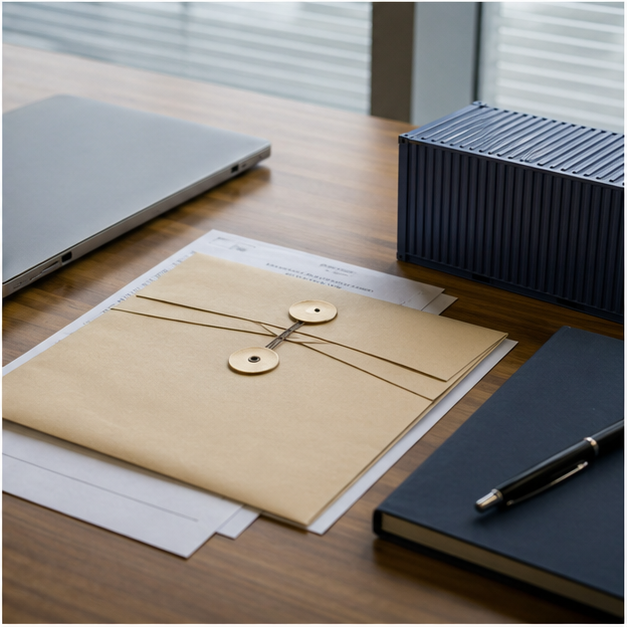 Export compliance desk with sealed documents and shipping model