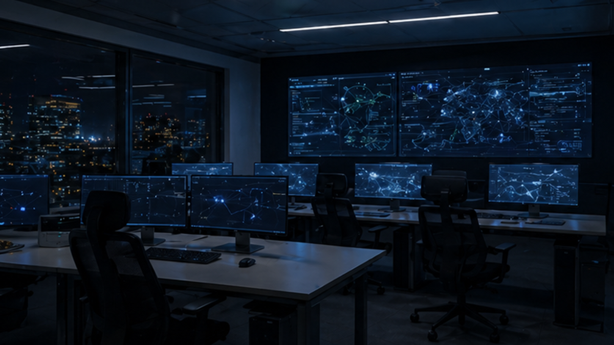 Empty bank cyber operations room at night with abstract network screens