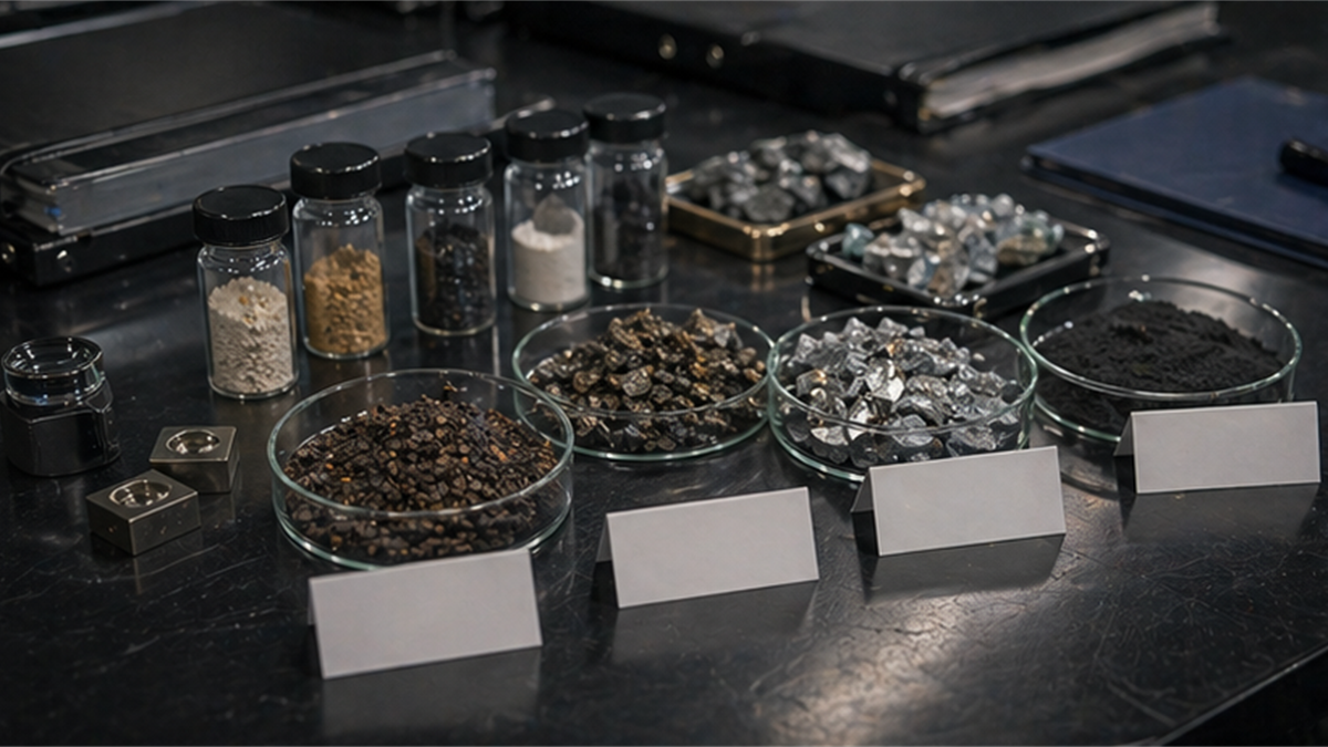 Rare earth sample lab table with mineral samples and blank labels