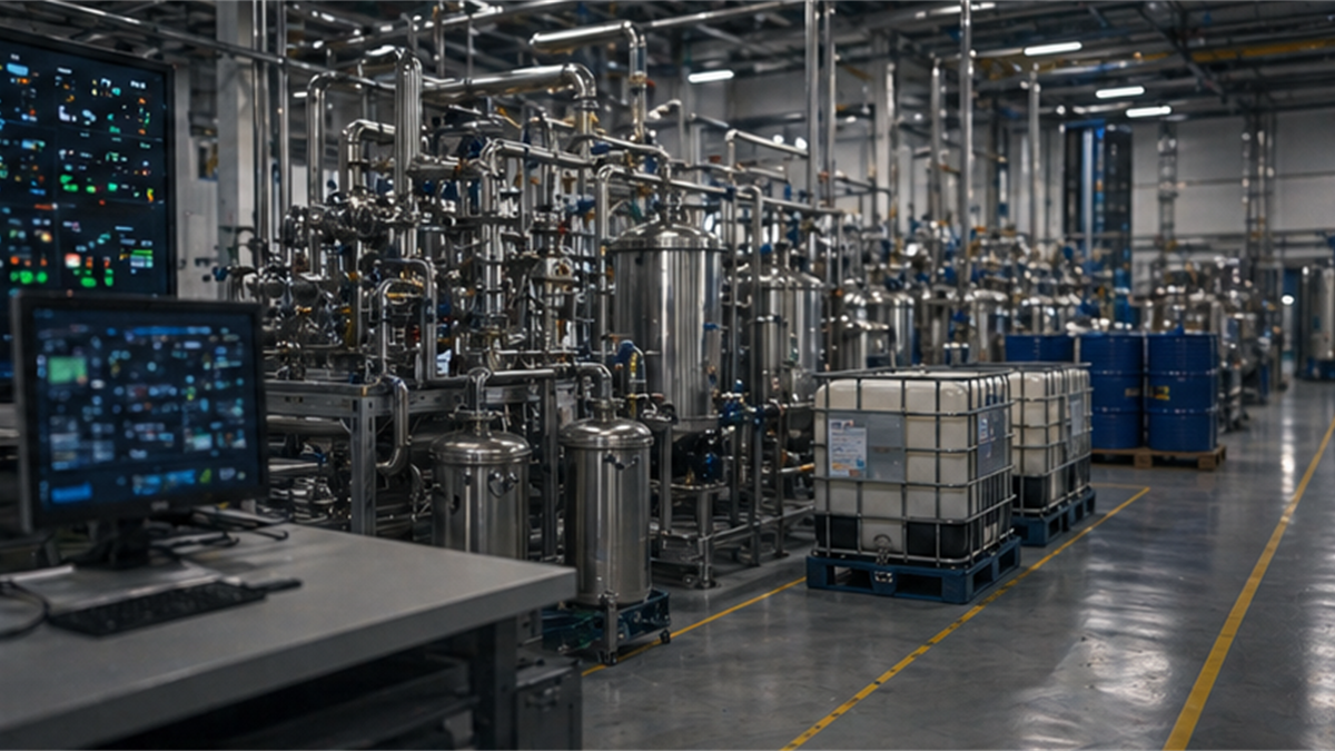 European refining facility interior with clean pipes and sealed containers