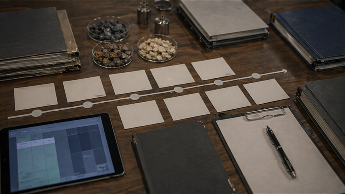 Procurement gap analysis desk with blank timeline cards and mineral samples