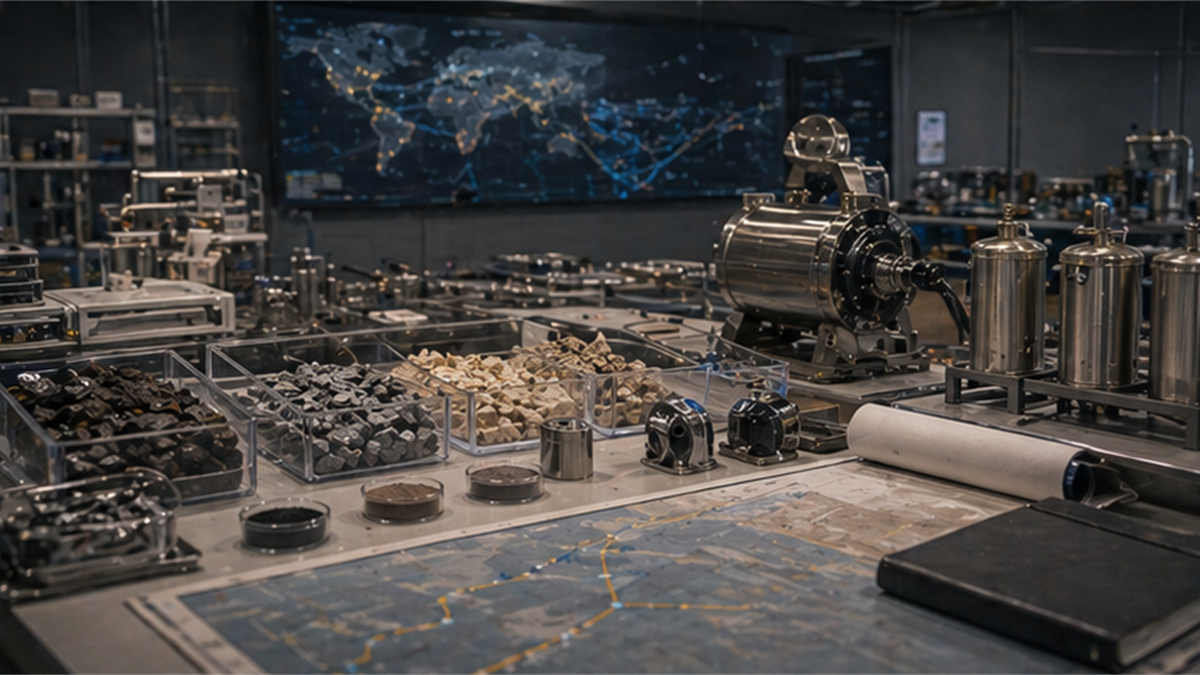 Heavy rare earth supply room with mineral trays, processing equipment, and route chart