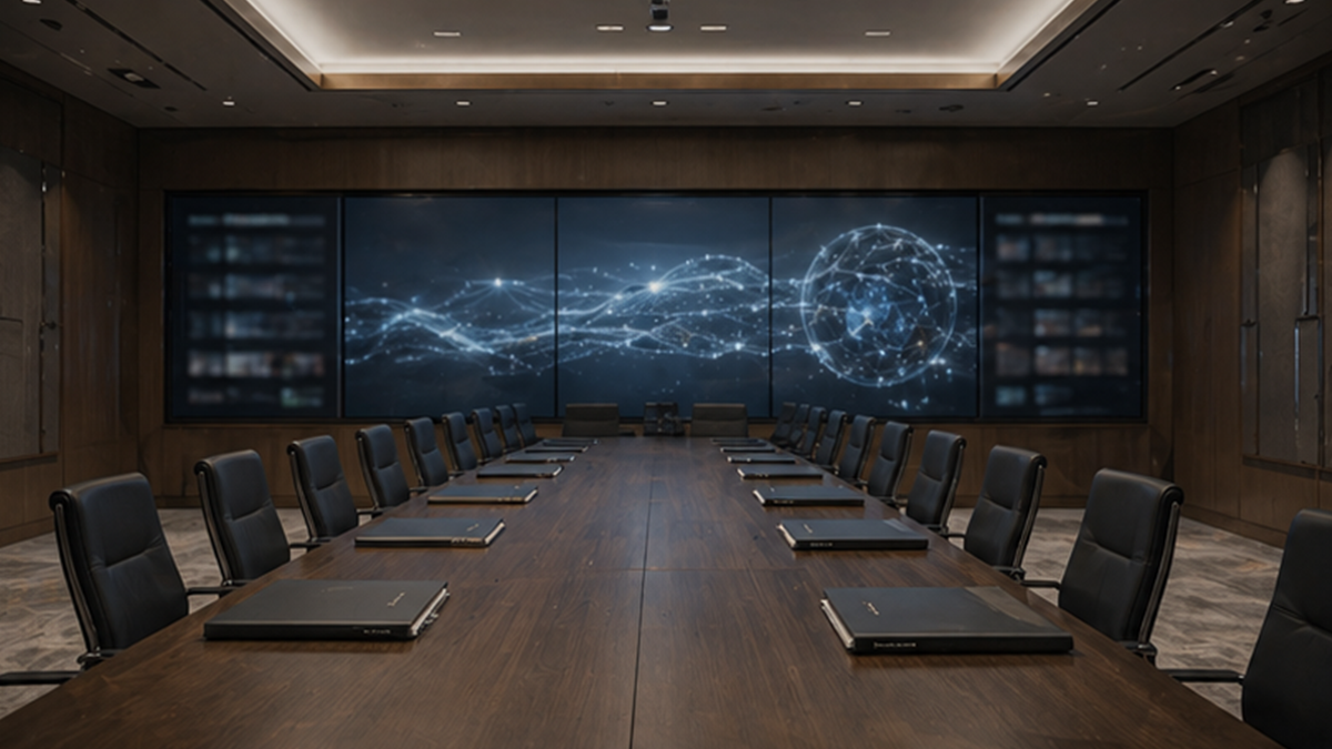 Empty secure government coordination room with closed folders and abstract screens