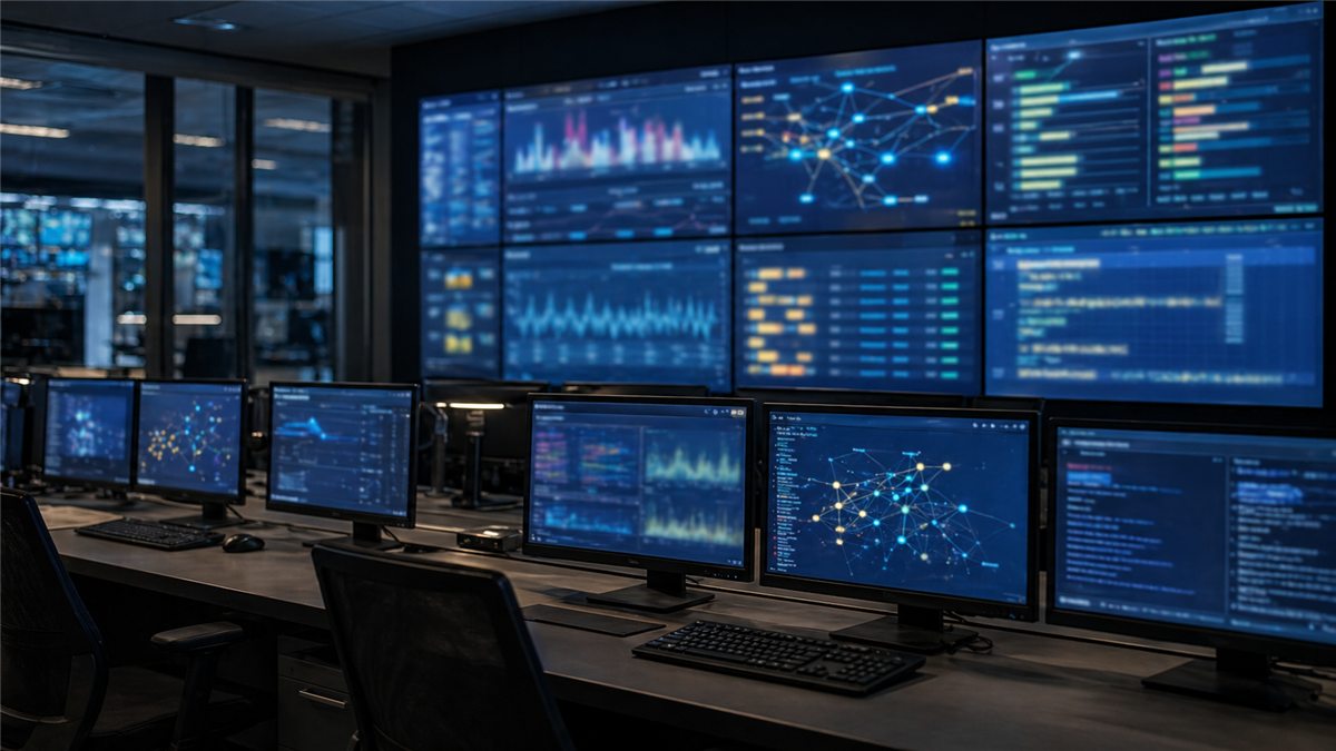 Empty media monitoring room with abstract network screens and no people