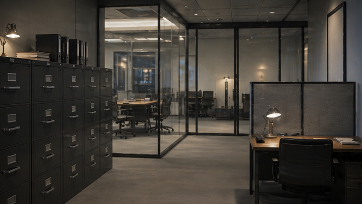 Glass-walled oversight review room with locked filing cabinets and privacy screens