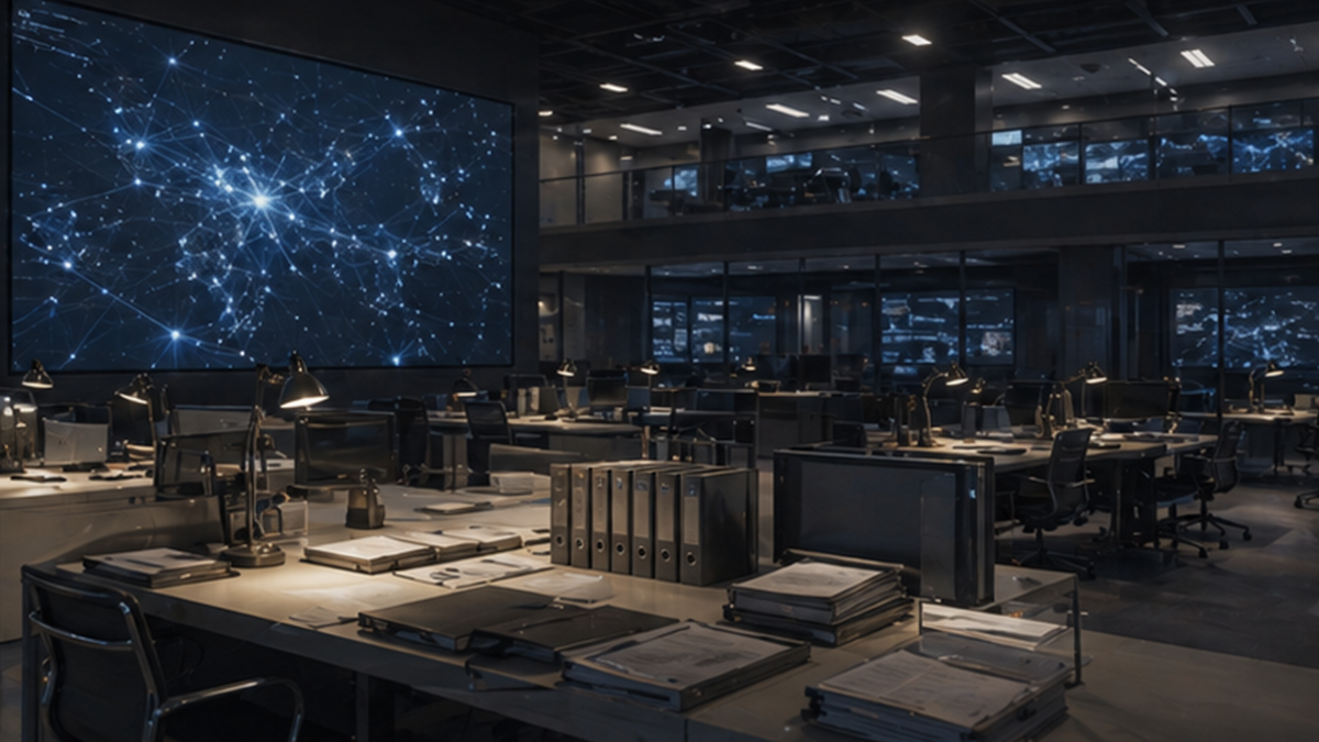 Modern secure information analysis center with abstract network lights