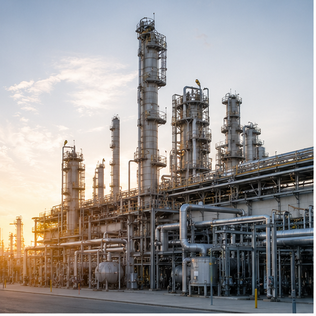 Petrochemical plant with pipes and distillation towers