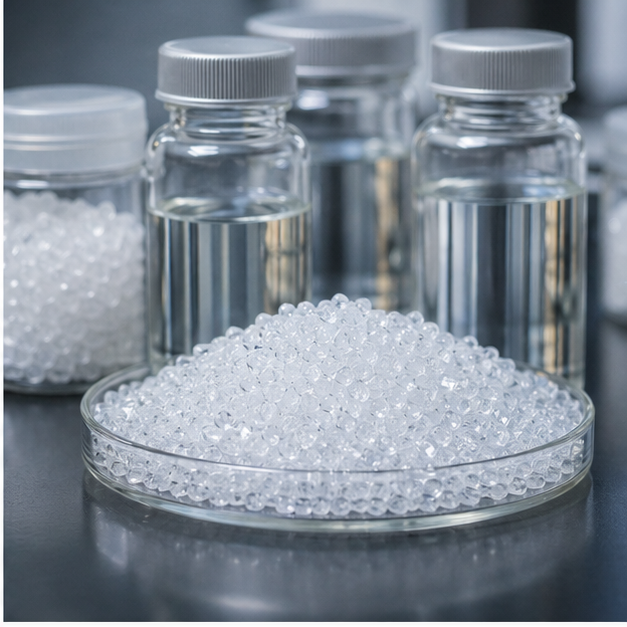 Plastic pellets and chemical sample bottles on a lab bench
