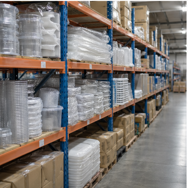 Warehouse shelves with unbranded plastic packaging materials