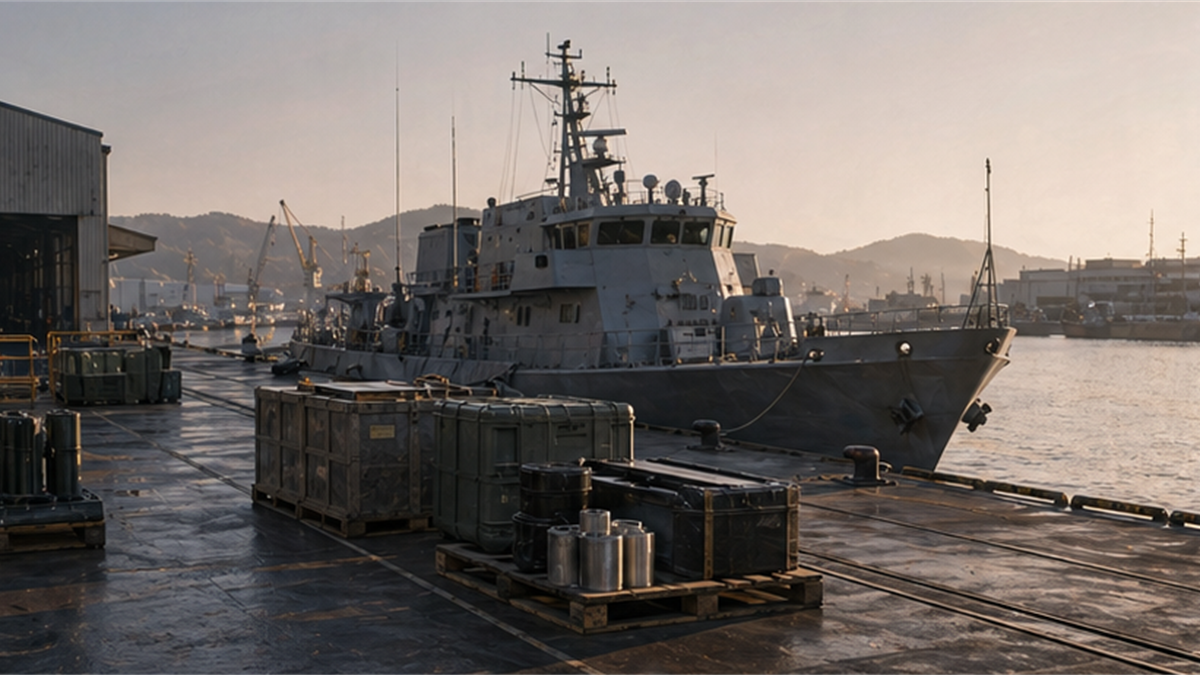 Quiet shipyard pier with generic patrol vessel silhouette and maintenance crates