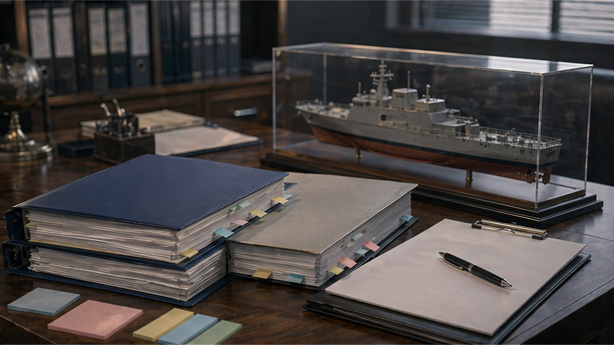 Defense export compliance desk with approval folders and ship model