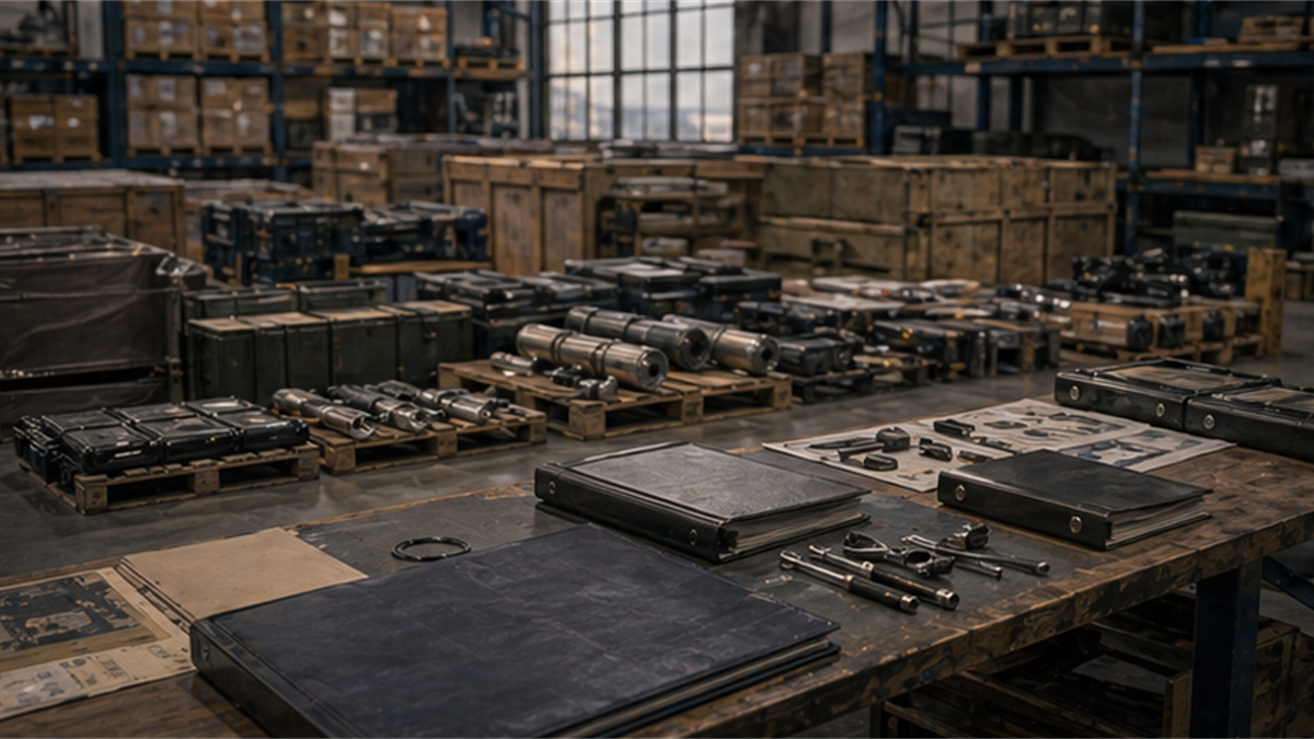 Maritime handover logistics warehouse with spare parts and sealed crates