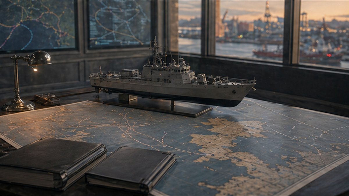 Naval supply responsibility room with vessel model, route chart, and closed binders