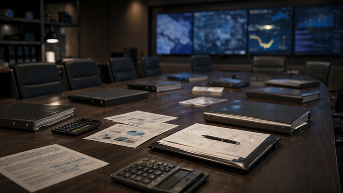 Empty policy budget room with defense documents and subdued strategic displays