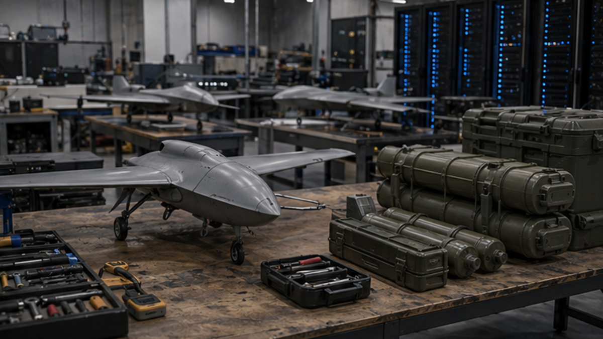 Defense sustainment workshop with unmanned aircraft, repair tools, and logistics containers