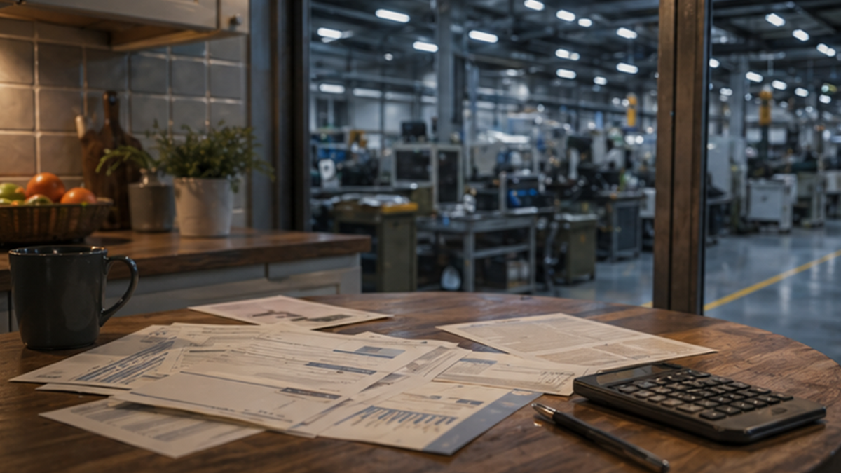 Household table with cost papers beside a quiet factory floor