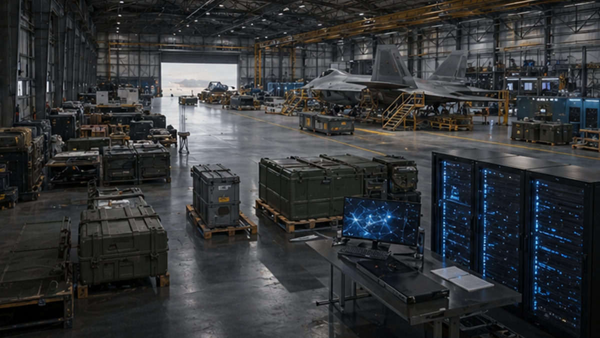 Large defense industrial hangar with aircraft maintenance, logistics crates, and server racks