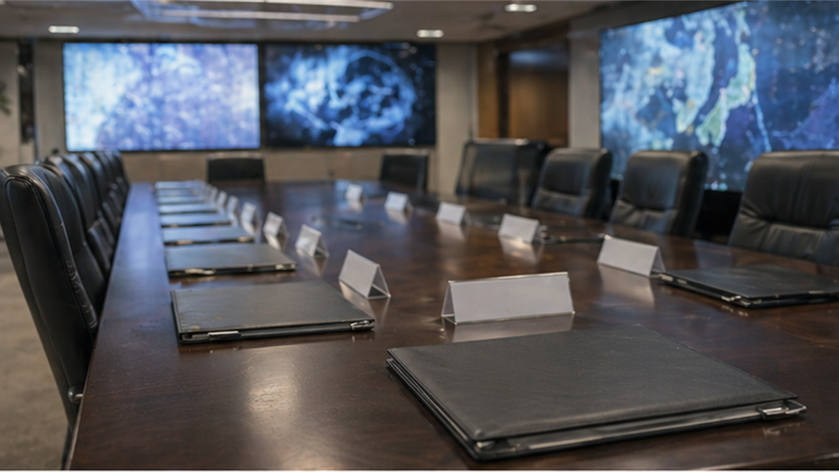 Empty government policy meeting room with closed folders and muted security screens