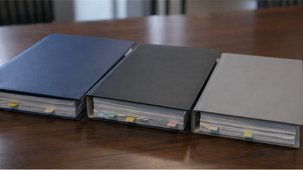 Three plain policy binders on a conference table