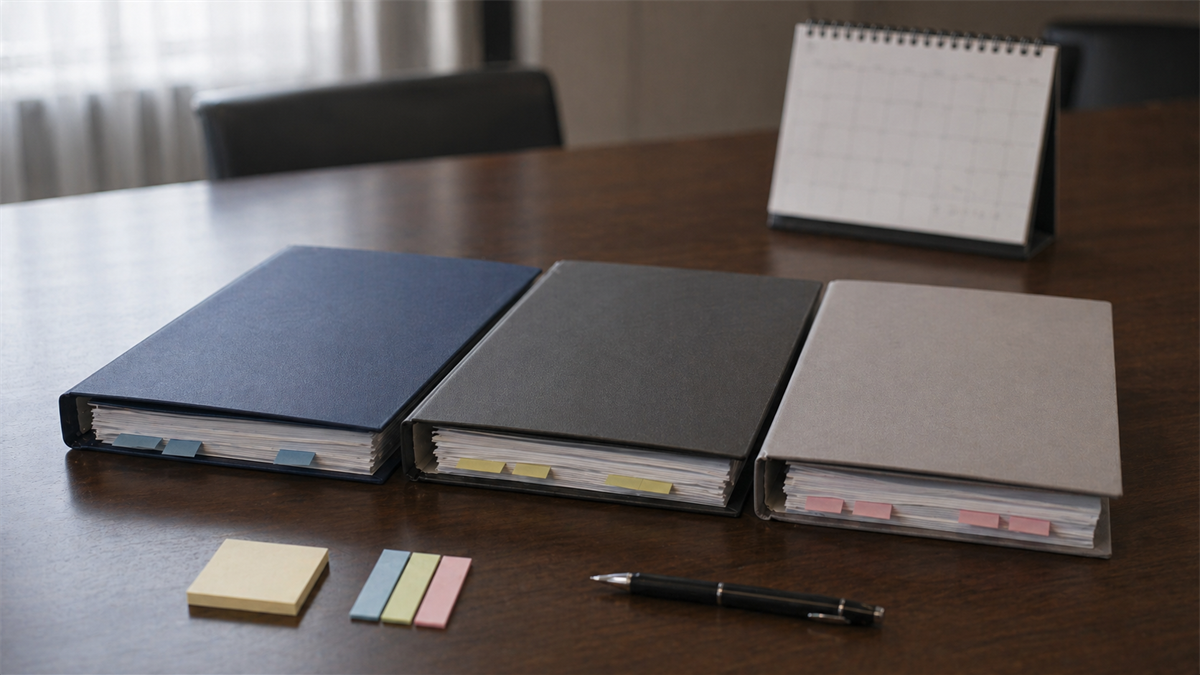 Closed policy folders with color tabs and a blurred calendar in the background