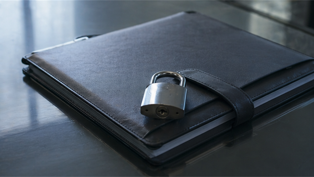 Locked policy folder on a clean desk in subdued light
