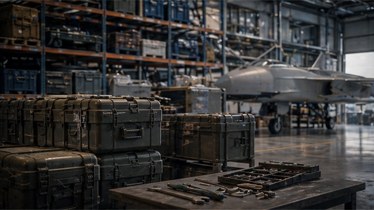 Defense sustainment warehouse with logistics crates, tools, and an unmanned aircraft