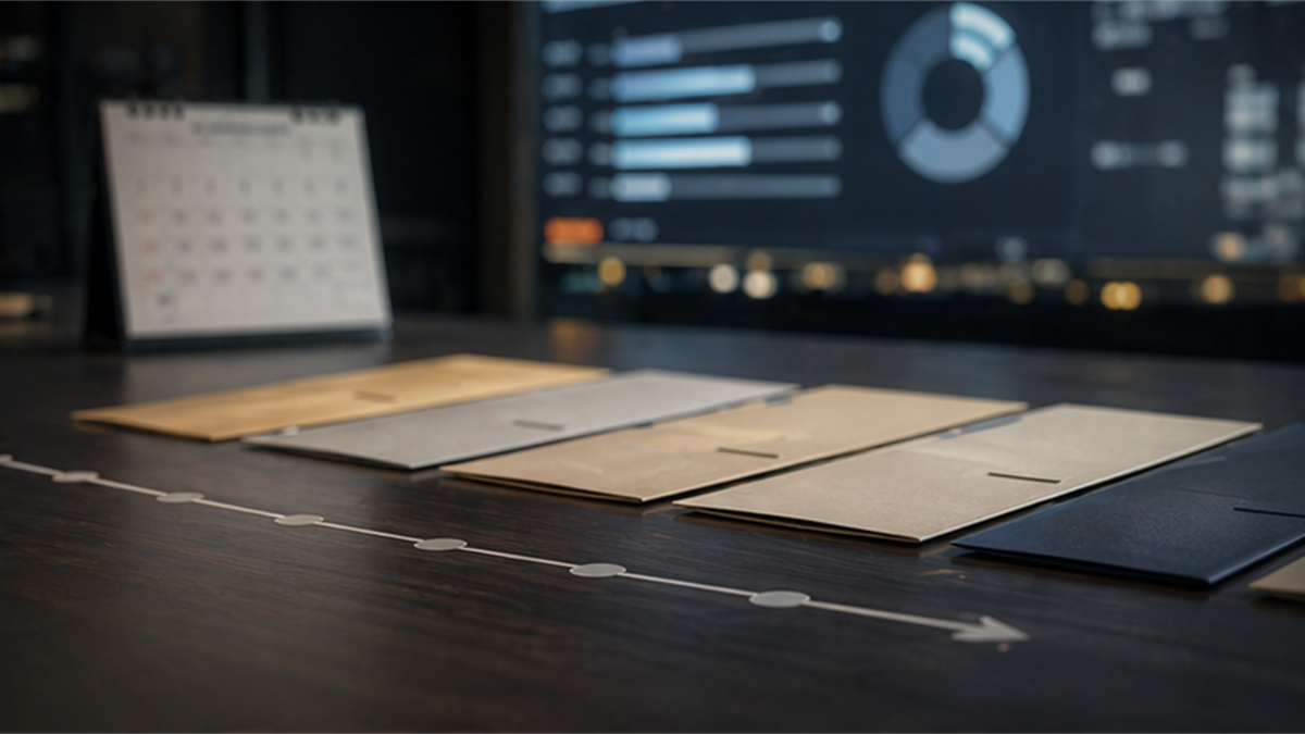 Policy timeline desk with folders, a blurred calendar, and abstract dashboard lights