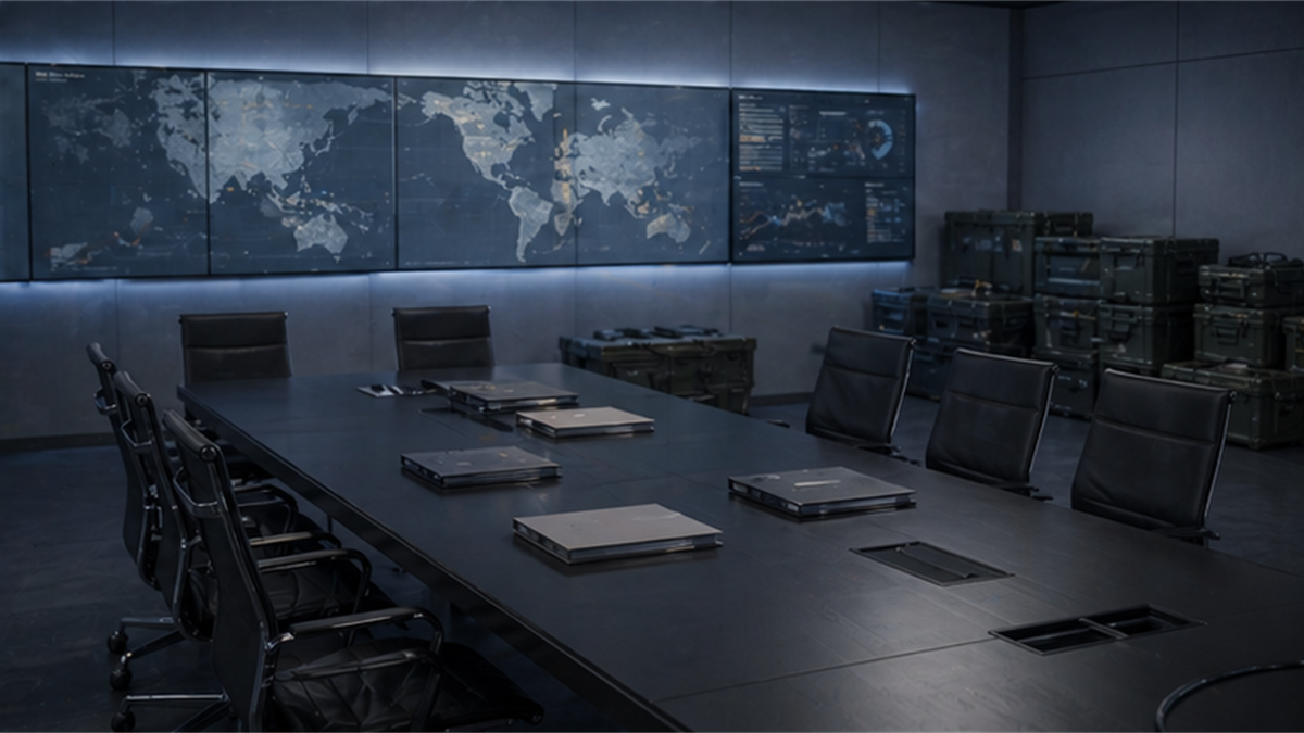 Empty strategic coordination room with muted maps, binders, and logistics crates