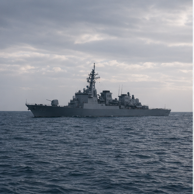 Gray naval vessel in open sea viewed from afar