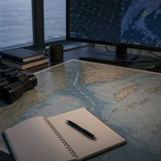 Maritime operations desk with abstract strait map and blank notes