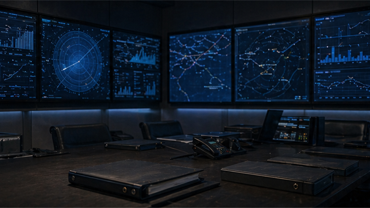 Empty air defense operations room with abstract radar screens and closed binders