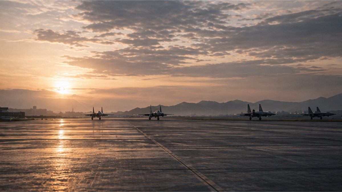 Runway at dawn with generic aircraft silhouettes in the distance