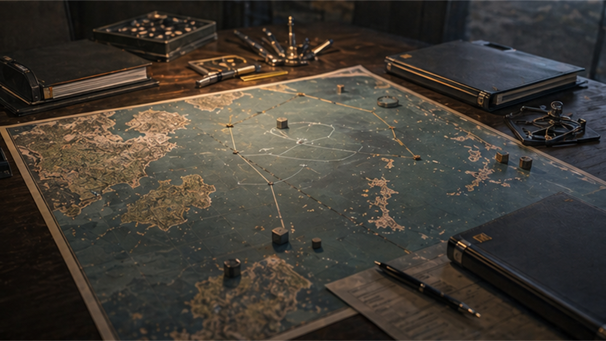 Southwest islands airspace analysis desk with unlabeled map and route lines