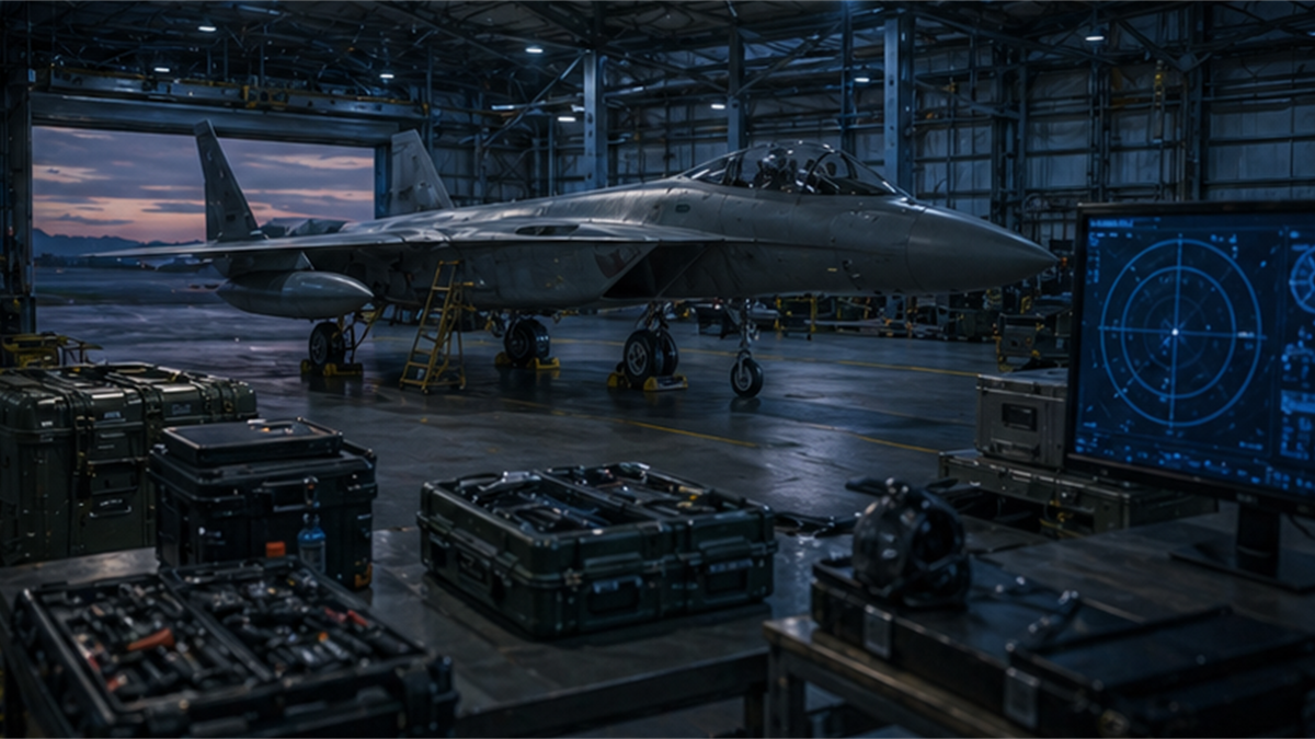 Quiet readiness hangar with maintenance tools, sealed cases, and radar glow