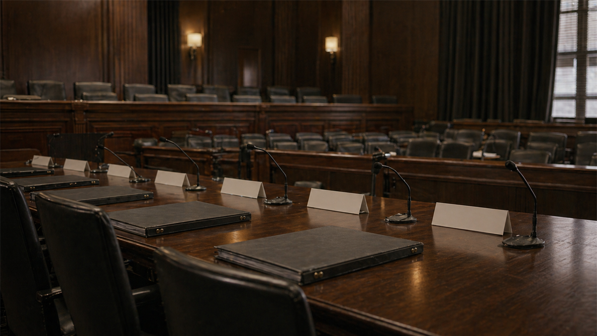 Empty legislative committee hearing room with microphones, closed binders, and blank placards