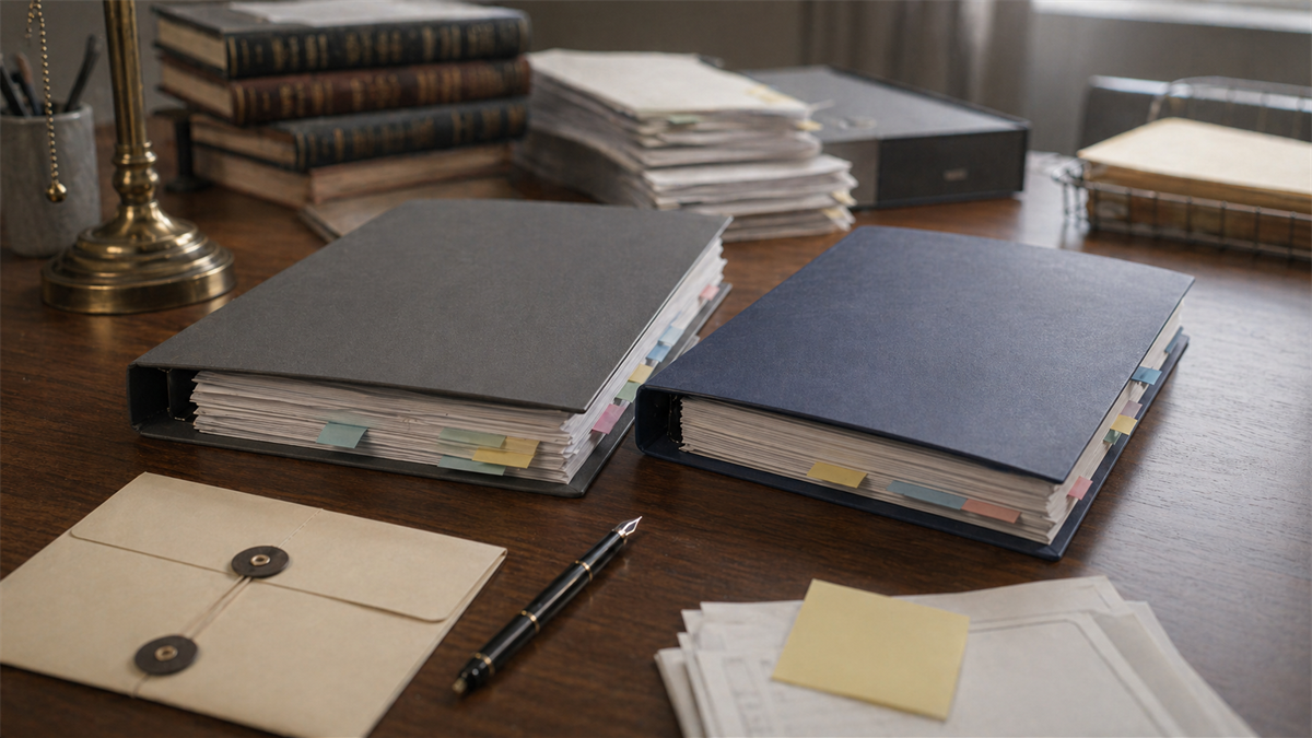 Policy revision desk with closed blank bill folders, colored tabs, a sealed envelope, and a pen
