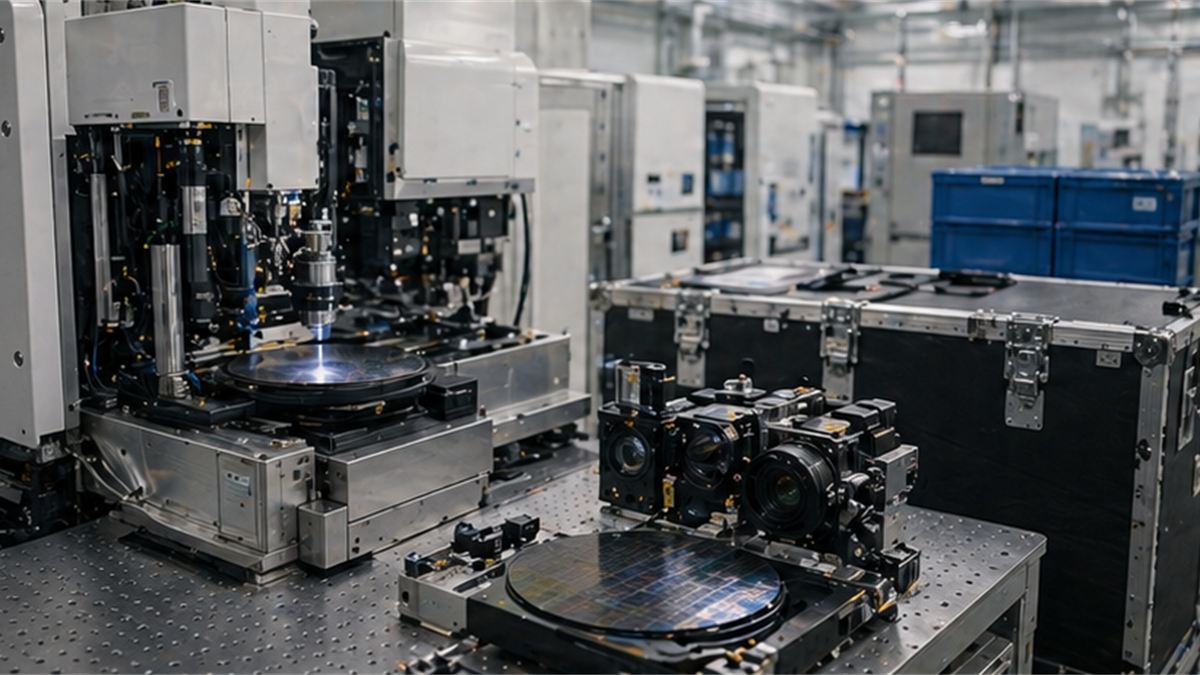 Generic semiconductor equipment inspection area with optical machinery, wafer carriers, and sealed tool crates