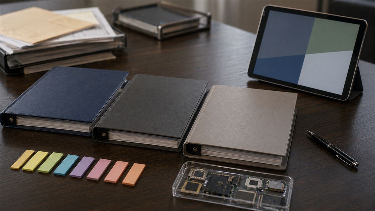 Compliance review desk with blank folders, colored tabs, chip components, and an abstract tablet