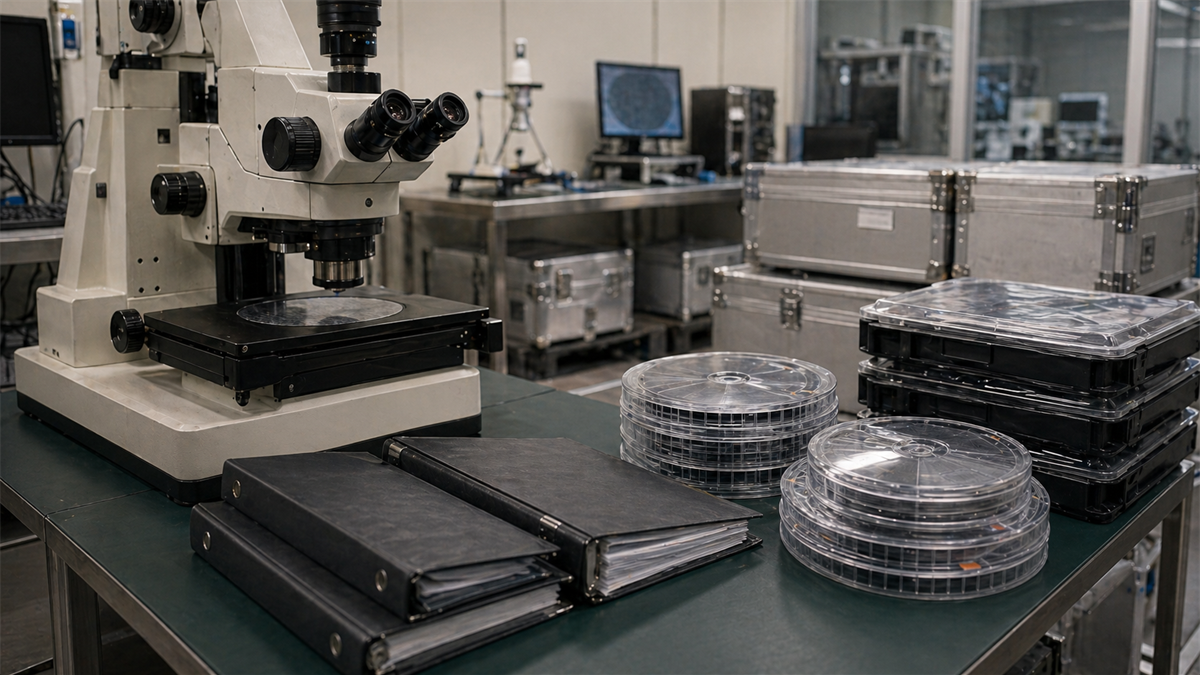 Clean semiconductor inspection room with generic optical equipment, wafer carriers, export crates, and compliance folders