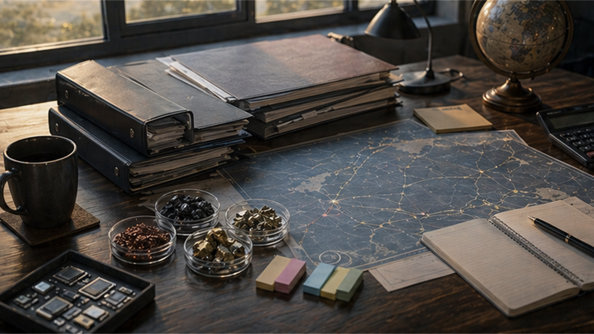 Japanese morning security desk with blank folders, sea lane chart, and mineral samples