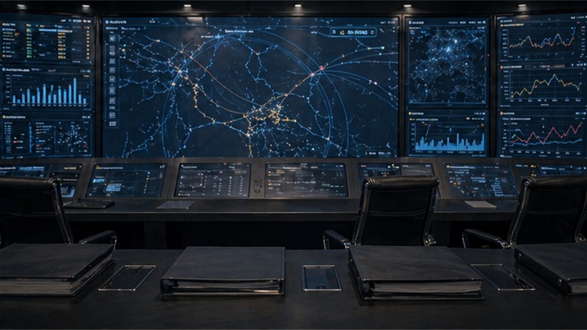 Maritime defense monitoring room with abstract route screens and closed binders