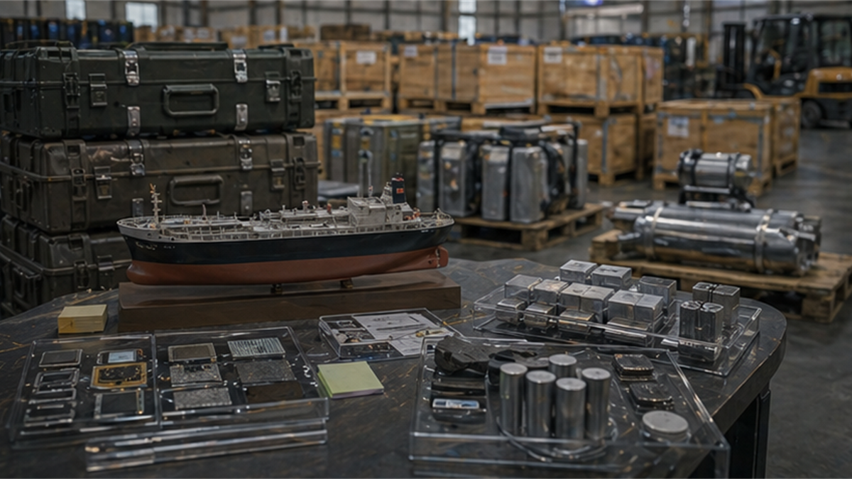 Supply chain pressure warehouse with sealed crates, component samples, and tanker model