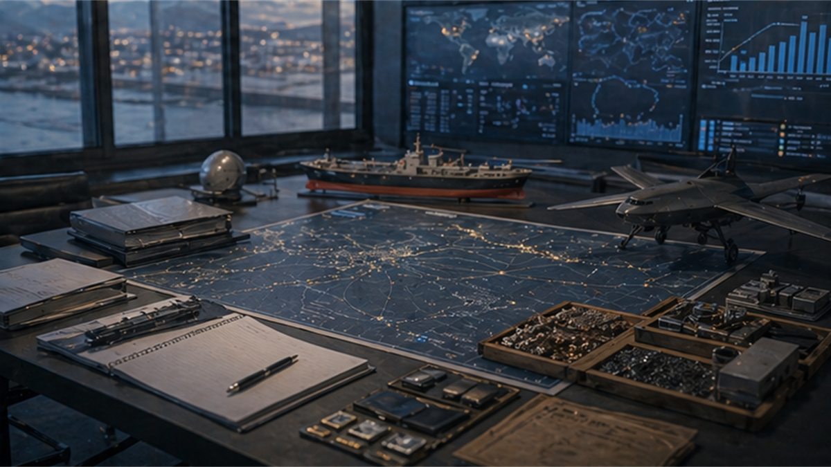 Combined risk board with defense, shipping, and supply chain objects under cool morning light