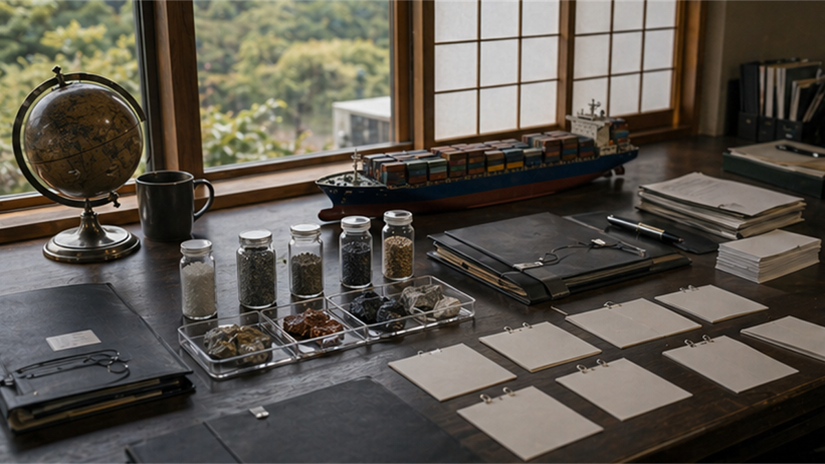 Japanese morning risk board desk with mineral samples, cargo model, and blank cards